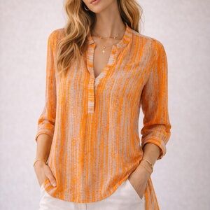 Zoa New York Sheer Orange Abstract Blouse High Low Hem Lightweight Top Size S